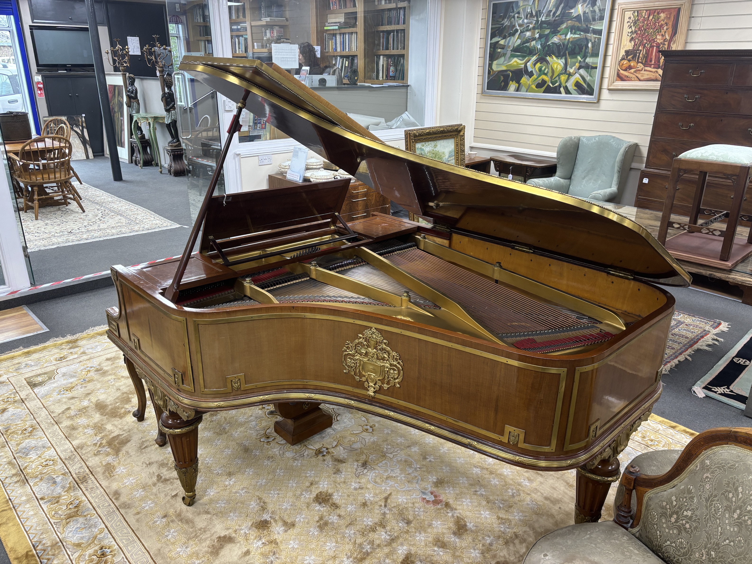 An Erard Louis XVI style mahogany and ormolu mounted boudoir grand piano, c1910 (ivory keys), length 180cm, depth 148cm, height 102cm together with a late Victorian mahogany duet piano stool, CITES Submission reference 5